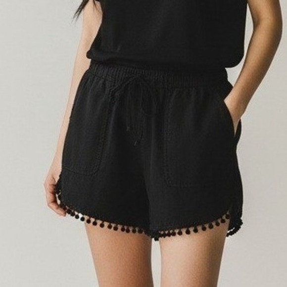 J. Crew Pants - J. Crew Shorts Women Med Black Linen Blend Pom Pom Trim Coastal Preppy Summer